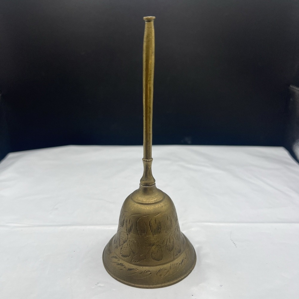 Vintage Solid Brass Hand Bell 6" Hand Engraved Floral Design Made in India